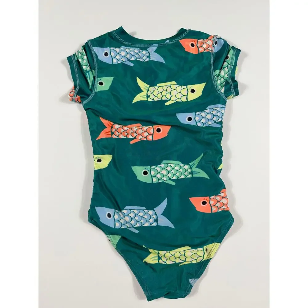 Tea Collection Fish Print Short Sleeve One Piece Swimsuit Teal Girls Size 6